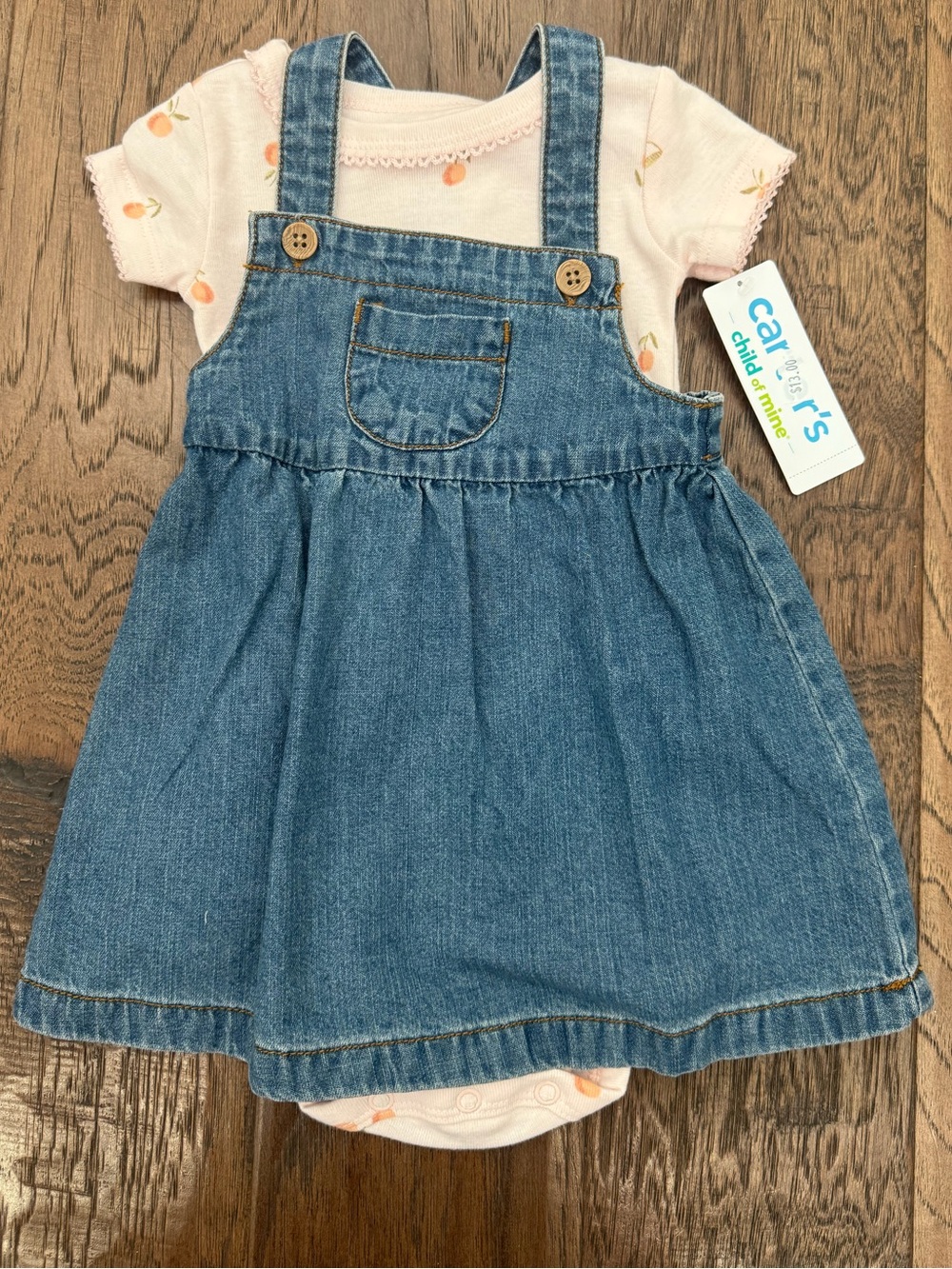 NWT Carter's Peach Print Bodysuit with Denim Dress - Baby girl size 3-6 months